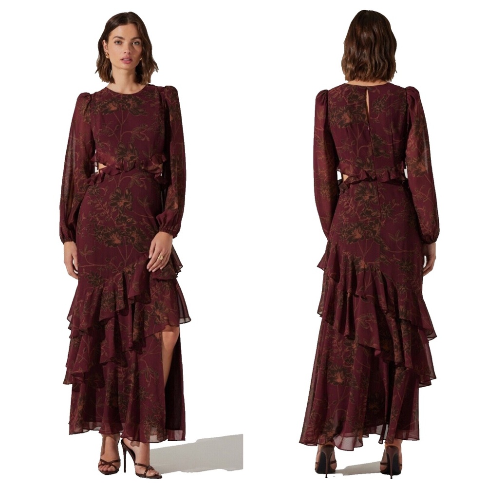 NEW ASTR The Label PLUM Brown FLORAL Biella RUFFLE Cut Out CHIFFON Maxi DRESS XS